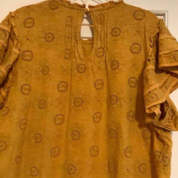 anthropology MUSTARD YELLOW FLATTER SLEEVE EYELET EMBROIDERED COTTON - Picture 6 of 15
